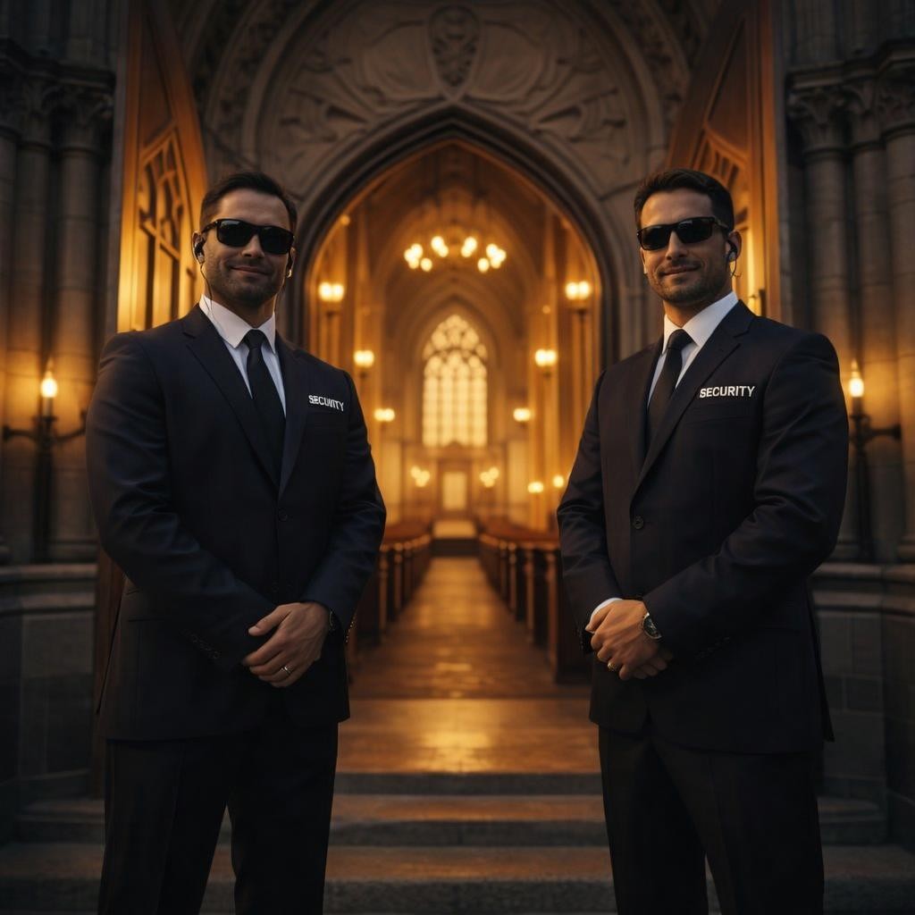 Two armed security guards in black uniforms and sunglasses guarding a large church at sunset