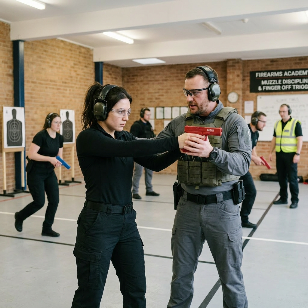 Instructor demonstrating safe handling with a red training gun to a trainee in a shooting range