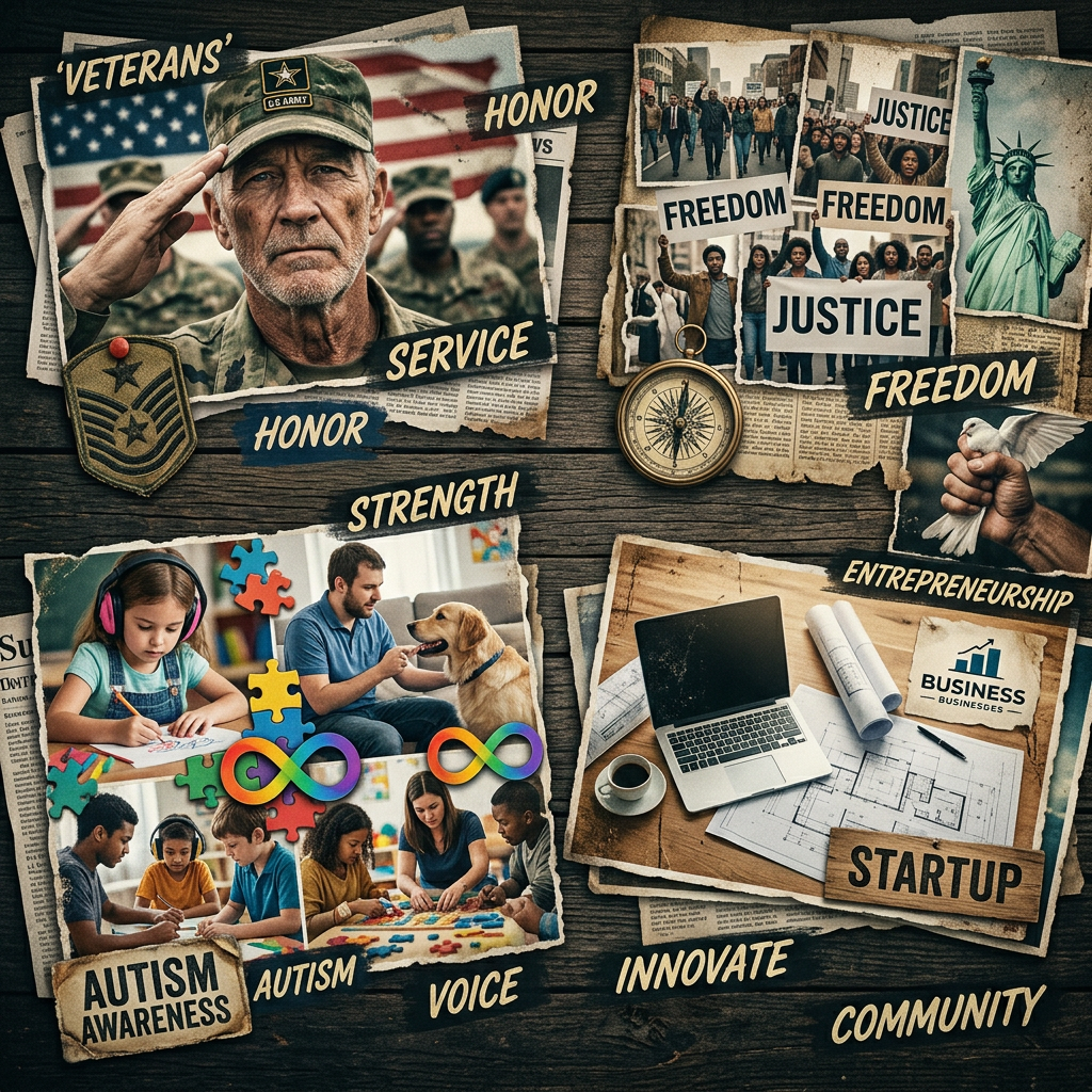 Collage of veterans saluting, social justice protests with signs, autism awareness activities, and business startup planning.