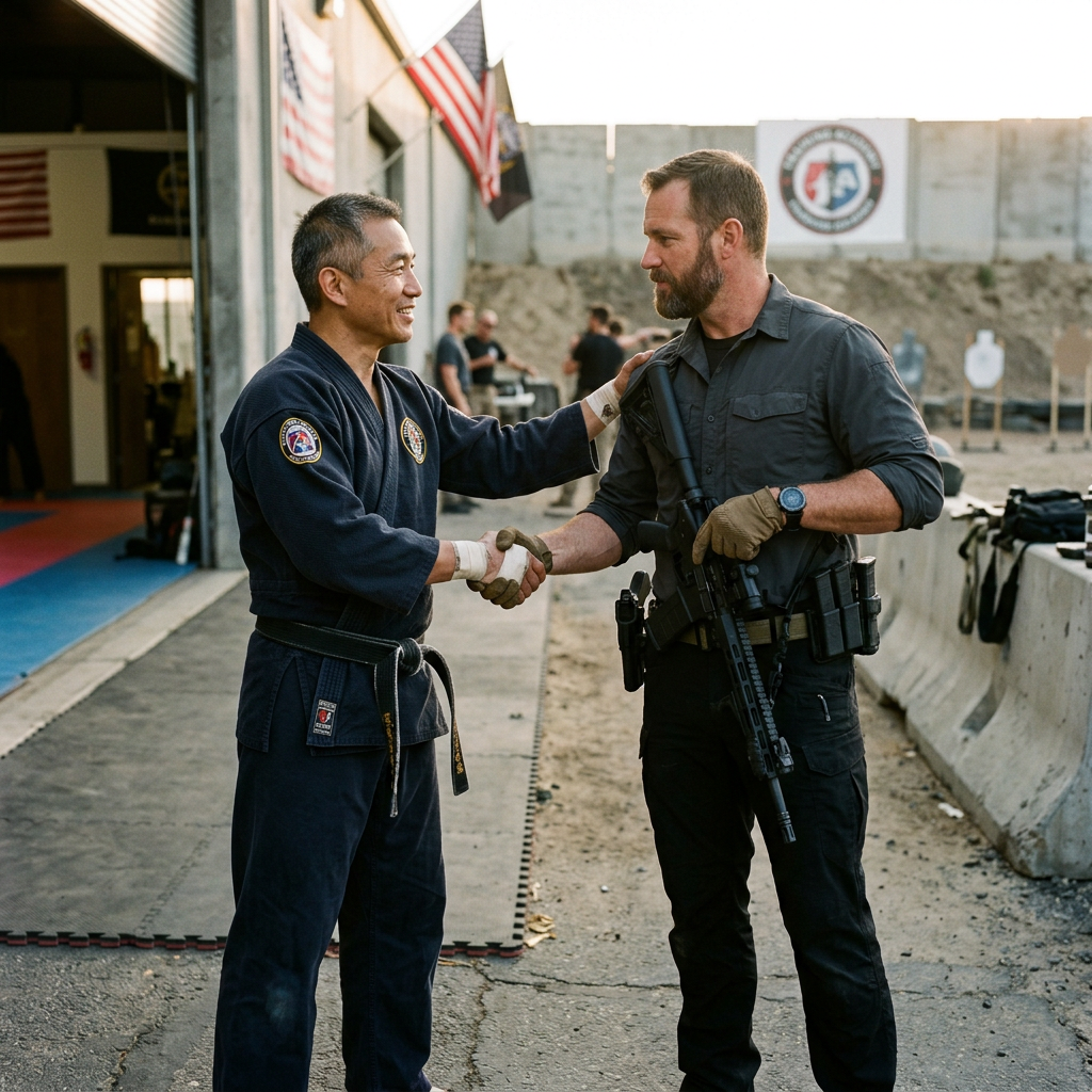 Martial arts instructor in gi shaking hands with armed officer wearing tactical gear