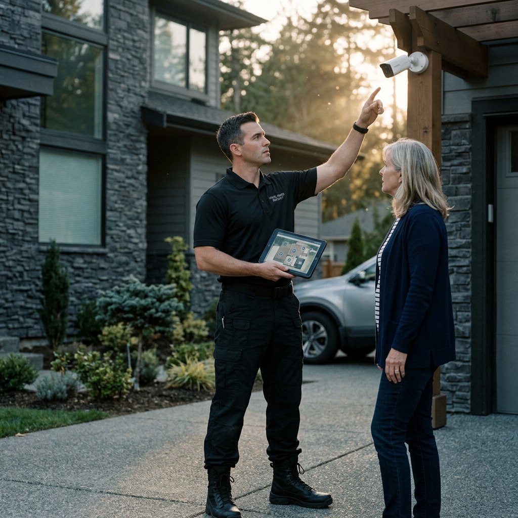 Security professional pointing at outdoor surveillance camera while holding a tablet, talking to homeowner