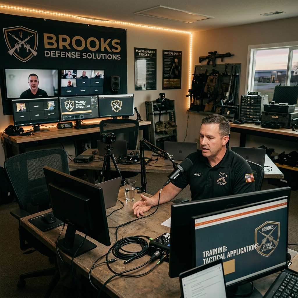 Group of five instructors conducting an online virtual firearms training session in a classroom with multiple monitors and laptops