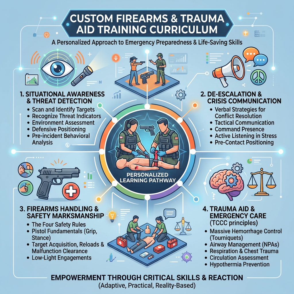 Infographic showing a personalized self-defense curriculum with situational awareness, verbal de-escalation, physical defense, and legal framework.